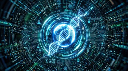 Obraz premium Digital DNA helix and Earth globe glow within a futuristic circuit network. This abstract visualization represents global genetic data, bioinformatics, and advanced medical technology.
