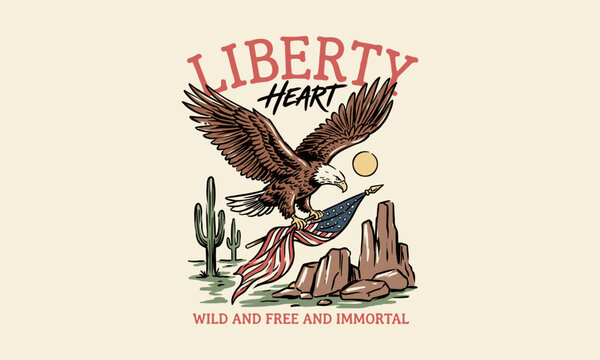Patriotic bald eagle flying with the US flag over a desert canyon with cacti. Retro art style.