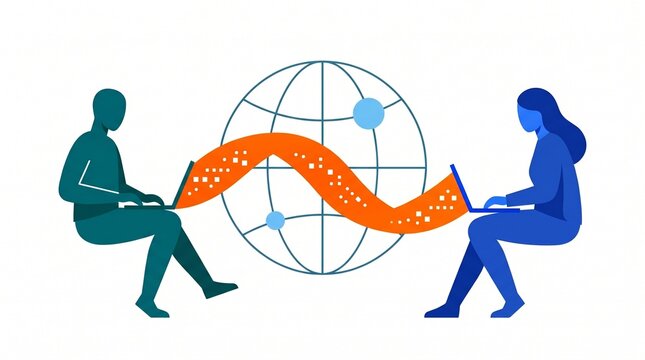 Minimalist flat vector illustration of two people using laptops connected by a data stream across a wireframe globe