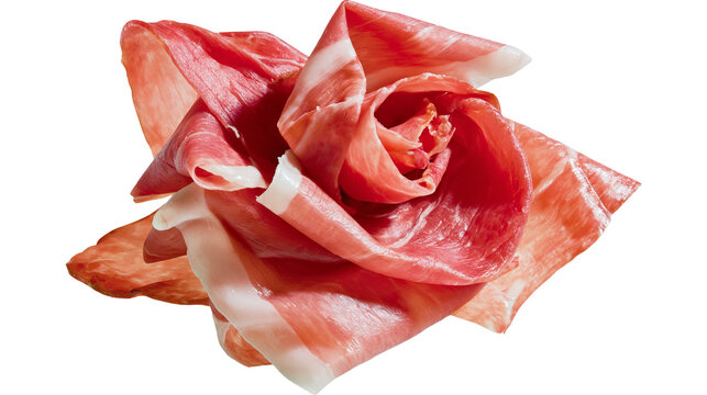 Thinly sliced cured ham with white fat streaks