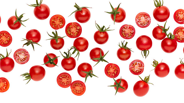 Fresh red cherry tomatoes and halves scattered
