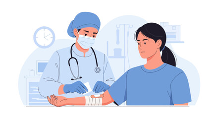 Fototapeta premium Doctor Bandaging Patient's Injured Arm in Medical Clinic