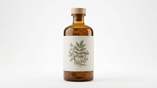 adaptogen herbal tonic, botanical wellness elixir bottle, isolated on white background
