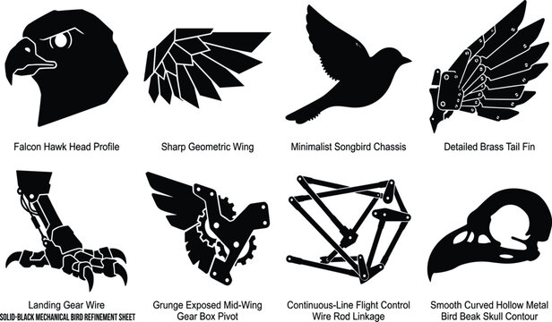 Mechanical bird and steampunk avian robotics vector stencil set featuring falcon profiles geometric wings landing gear talons and clockwork skulls