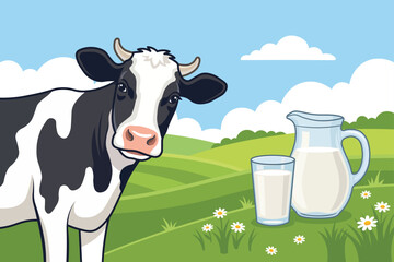 Dairy cow with milk jug and glass in green pasture, dairy farming and industry vector illustration. © Monktwins