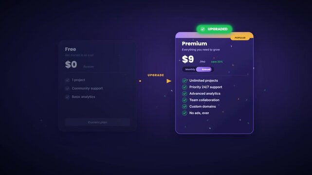 Subscription pricing plan comparison animation with free and premium upgrade on dark app interface
