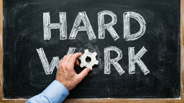 Hard Work text written in chalk on blackboard, businessman hand holding gear icon, concept of industrial labor and professional success