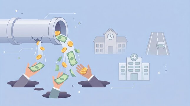 Financial corruption and misuse of public funds concept with money leaking from pipe to greedy hands