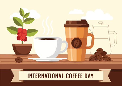 Illustration of coffee cups and beans on a table