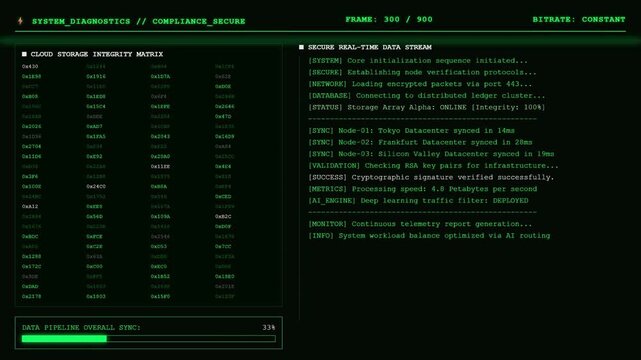 Cloud Storage Diagnostics Secure Data Stream Integrity Matrix Dashboard Animation.