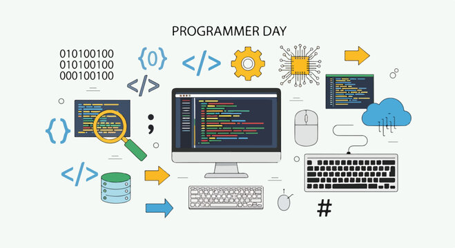 Programmer Day illustration with computer, code, and tech symbols