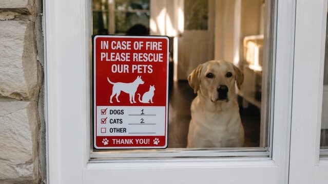 Yellow Labrador sits behind a glass front door beside a red emergency sign reading "In case of fire please rescue our pets"