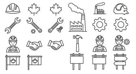 Professional labor day icon collection featuring construction gear worker handshake and industrial symbols in clean line art style Labor Day © Vector Town