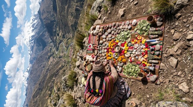 Indigenous Andean Curandera Healer with Mesa Ritual Altar Cloth Spread with Sacred Stones Shells and Traditional Offerings