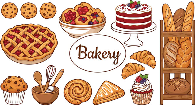 Set of delicious bakery items including fresh bread, cakes, pies, pastries, and baking tools in a hand-drawn illustration style.