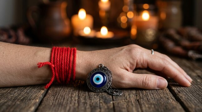 Kabbalah Red Thread String Amulet Wrapped Seven Times Around Wrist with Evil Eye Pendant on Anonymous Hand for Protection