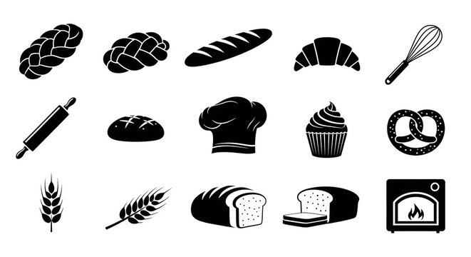 Baking ingredients bread varieties and kitchen tools icons silhouette set