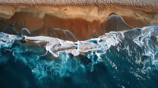 Ocean waves crash onto a sandy beach from an aerial perspective during daylight hours creating a dynamic natural pattern
