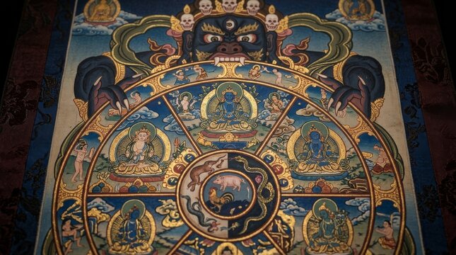 Tibetan Buddhist Thangka Painting Detail of Wheel of Life Bhavachakra Held by Yama Demon with Rich Lapis Lazuli Pigments