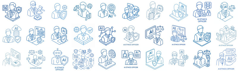 Fototapeta premium isometric line art AI Ethics Officer vector icon blue stroke