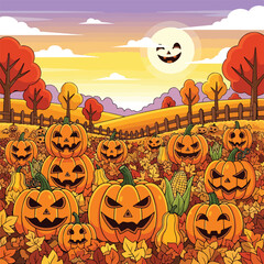 A cartoon autumn scene with pumpkins and a smiling moon © Luffy