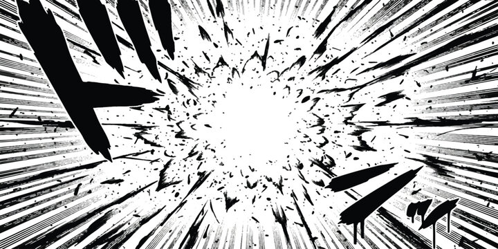 Black and white manga style speed lines effect with radial motion explosion for comic book action
