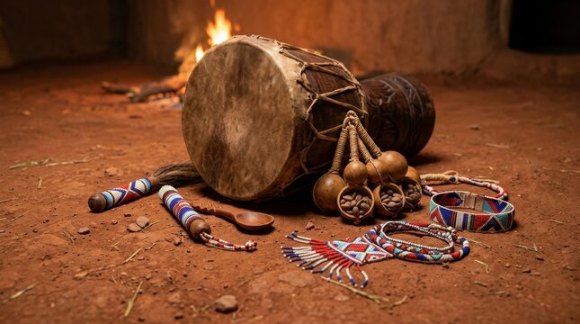 African Zulu Ceremony with Animal Skin Drum and Rattles on Red Earth Floor with Warm Firelight and Beaded Ceremonial Objects