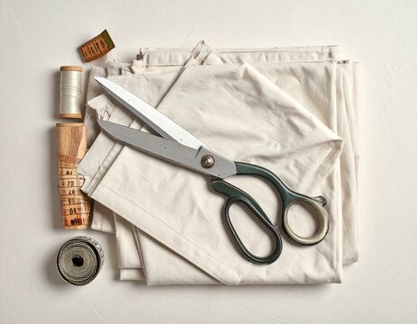 Fabric Scissors on Folded Cloth With Measuring Tape and Thread