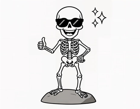 Fun black and white vector outline illustration of a cool cartoon skeleton wearing sunglasses and giving a thumbs up gesture with star sparkles. Perfect for Halloween, stickers, and t-shirts.