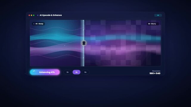 AI photo upscaling and enhancement animation with before after slider increasing image resolution