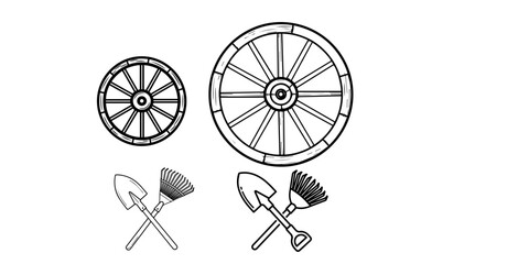 Gardening tools and wagon wheels illustration © Mina