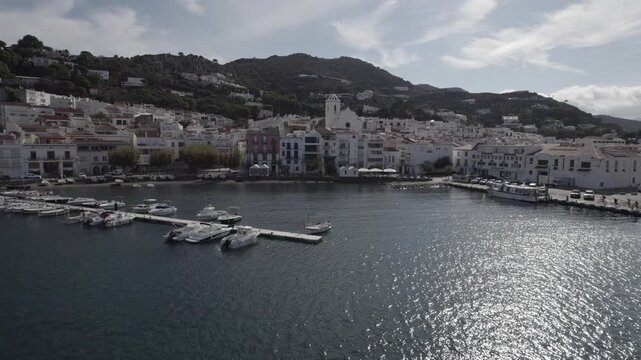 Aerial Drone Slow Push In Towards Port de la Selva Town, Costa Brava, Spain
