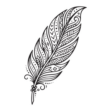 Decorative Tribal Feather Zen tangle Pattern Vector Outline Illustration