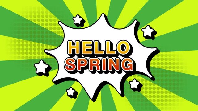 Hello spring text word lettering popup comic cartoon reveal with bomb and smoke explosion manga anime book page dots with radial speed lines doodle green background with seamless loop animation