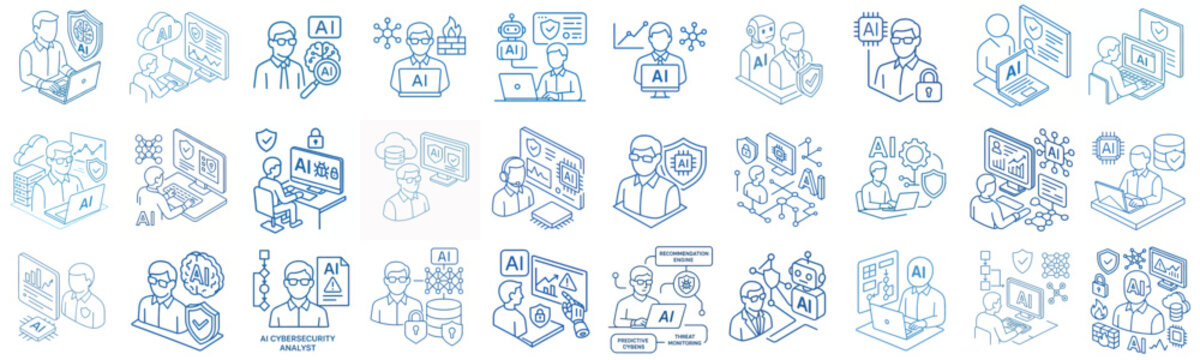 isometric line art vector icon AI Cybersecurity Analyst blue stroke
