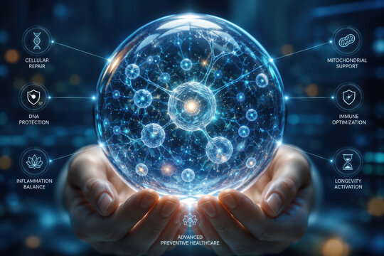 Hands hold a glowing digital sphere representing advanced preventive healthcare, highlighting cellular repair, DNA protection, inflammation balance, mitochondrial support, immune optimization, and lon