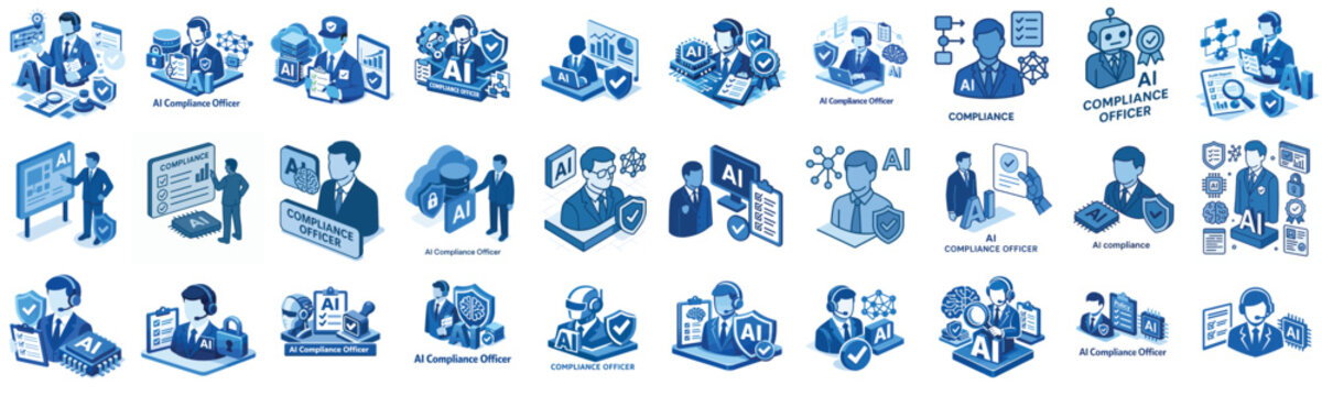 isometric vector icon AI Compliance Officer blue color