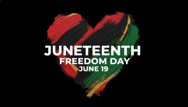 Juneteenth Freedom Day Celebration with Colorful Heart Design and Text on Black Background