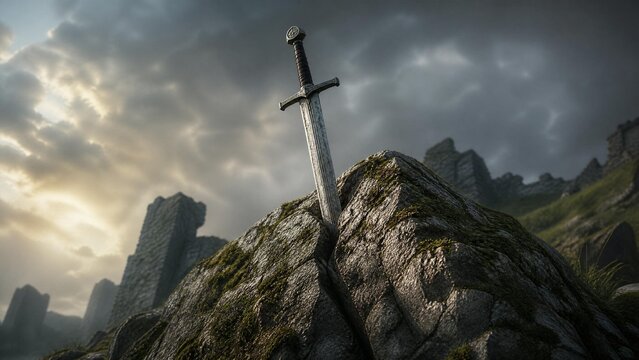 longsword. A medieval longsword thrust into a crack in mossy stone. event programs, museum guides, designed for cultural heritage projects and event programs, supports education.