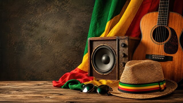 Acoustic guitar, vintage speaker, straw hat with red-yellow-green band and sunglasses on a wooden table with rasta cloth backdrop