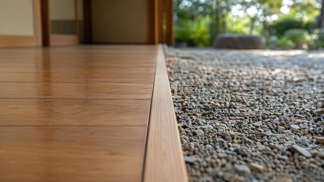 floorboards. Wooden boundary line dividing polished floorboards from rough gravel. real-estate listings, architecture portfolios, designed for real-estate listing and luxury residence showcases.
