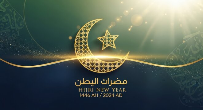 Islamic crescent moon with star and hijri new year text