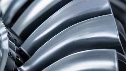 Fototapeta premium turbofan. Extreme close-up of a polished aviation turbofan blade reflecting light. mobility guides, transit brochures, designed for mobility and urban transit guides, clarifies navigation.