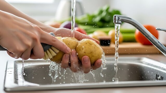 Washing Potatoes in a Kitchen Sink.