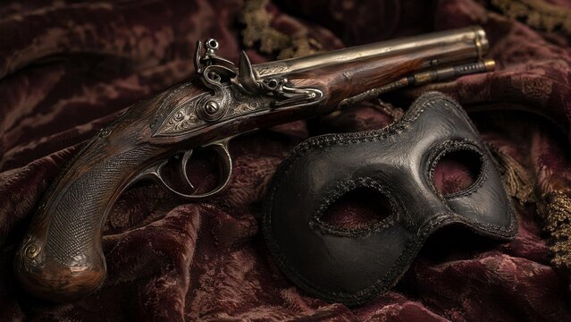 flintlock. Antique flintlock pistol and black mask arranged on faded velvet fabric, historical still life. event programs, museum guides, designed for cultural heritage projects and event programs.
