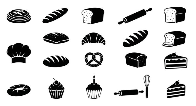 Bakery food items and baking tools black icon collection with croissant