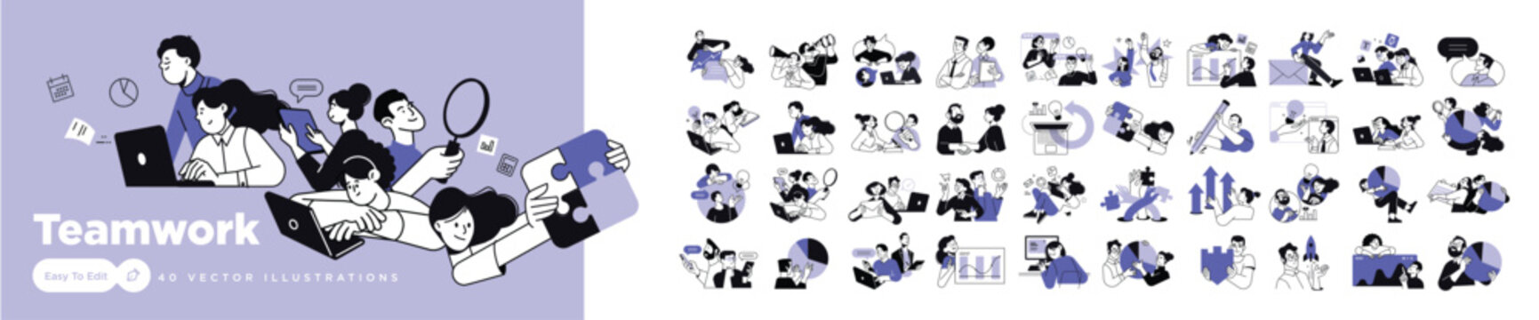 Teamwork. Vector illustrations for a team of people in various business activities, management, communication and project development from startup to launch.