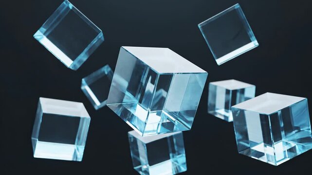 Translucent glass cubes floating in a dark blue space. Abstract floating cubes in a minimalist futuristic environment.
Concept: cloud computing, digital infrastructure, data flow, futuristic technolog