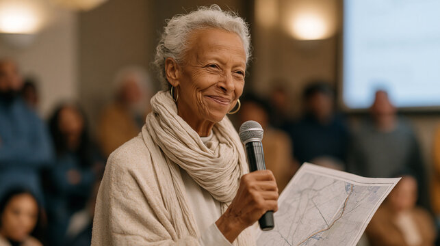 Older neighborhood activist speaking at a zoning hearing with printed maps showing industrial pollution corridors overlapping low-income census tracts, energy justice data