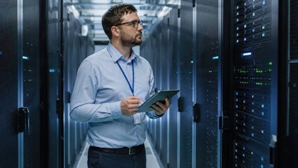 Fototapeta premium IT technician with tablet inspecting servers in a modern data center aisle